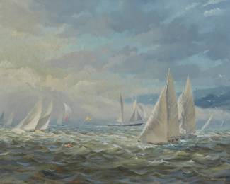 175
Louis Macouillard
(1917-1987)
"Breaking Clouds - Off Sausalito," 1963
Oil on Masonite
Signed lower right: L. Macouillard; titled in pencil verso; titled again and dated on a label affixed to the frame's backing board
18" H x 24" W
Estimate: $2,000 - $3,000