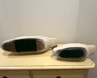 C96 - $275 PAIR of Decorative Swan Decoys. Wooden - Unsigned. Largest is 19.75" long x 11.5" tall. Smaller is 12.25" long x 7.75" tall. 