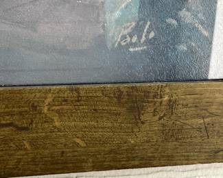 C101 - $25. Sailboat Print. Measures 33" x 27".  Has been used on a covered porch and one side of the frame has some weathering. 