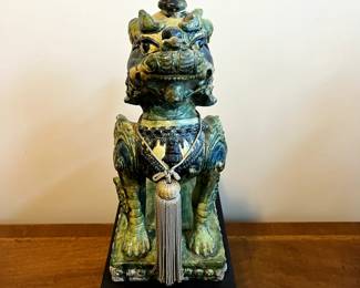 C99 - $350. PAIR of Foo Dogs on Hollow Wooden Stands. Measures 11" x 6" x 19" tall. One "knob/horn" has been repaired. Beautiful colors!