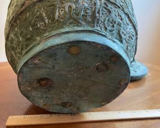 C123 - $250. Bronze Ware lidded vessel. Measures 11" wide x 16" tall. Does have pitting and a few tiny holes. 