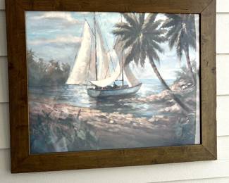 C101 - $25. Sailboat Print. Measures 33" x 27".  Has been used on a covered porch and one side of the frame has some weathering. 