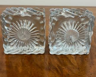 C19 - $25 PAIR. Thick glass inkwells with lids. No chips noted. Glass is 2.5" square x 3" tall with lid. 