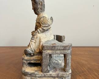 C36 - $75. Carved Wooden Statue. Measures 6" wide x 5" deep x 9" tall. Beautifully carved. Chip on the back of the robe. 