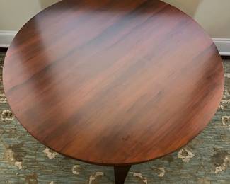 C66 - $425. PAIR of Sherrill Occasional Tables from Furnitureland South. Both are 36" round. Tall one is 26" tall. Shorter is 19" tall. The taller one has some sun fading on the top. (Retail $994 & $825)