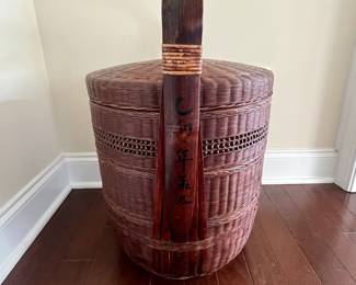 C51 - $250. Vintage Chinese 3 Tier Wedding Basket. Measures 18" diameter x 28" tall. 