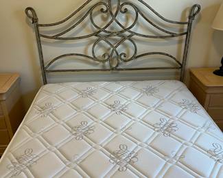 C11 - $1250. Queen Iron Bed Frame. Old Biscayne Designs "Florence". Signed "Gabrielli 08". Headboard is 62" tall. Footboard is 38" tall. Like NEW Original Mattress Factory Mattress (Orthopedic) & Box Spring. They have always been covered. 
