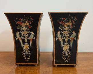 C83 - $125. PAIR Painted Cachepots. Top is 7" square x 11" tall. Painted metal. Beautiful vintage pieces. 