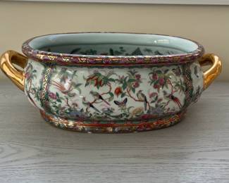 C50 - $250. Chinese Famille Rose Porcelain Large Fish Bowl. Measures 18" x 10.5" x 6" tall. HEAVY. Gold Painted Handles. No issues noted. 