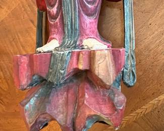 C31 - $75. Carved wooden figure  - polychrome finish. Has significant repair at the neck and base.  Measures 6.5" wide x 4.5" x 19.5" tall. 