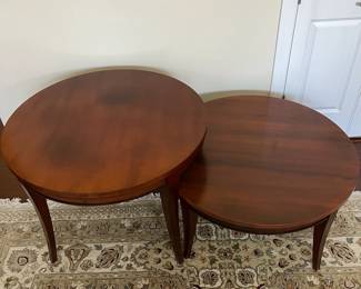 C66 - $425. PAIR of Sherrill Occasional Tables from Furnitureland South. Both are 36" round. Tall one is 26" tall. Shorter is 19" tall. The taller one has some sun fading on the top. (Retail $994 & $825)