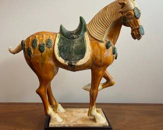 C41 - $200. T'ang Sancai Porcelain Horse.  Measures 20" long x 19.5" tall + base. 