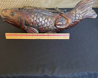 C71 - $100. Vintage Jizai Kagi Japanese Wooden Koin Fish with Hook. Measures 18" long x 6.75" wide. 