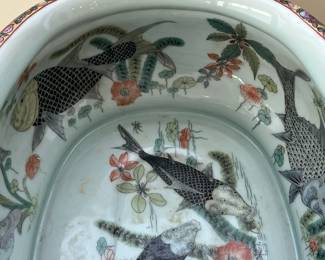 C50 - $250. Chinese Famille Rose Porcelain Large Fish Bowl. Measures 18" x 10.5" x 6" tall. HEAVY. Gold Painted Handles. No issues noted. 