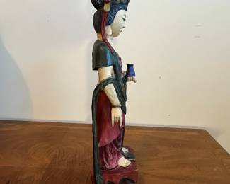 C31 - $75. Carved wooden figure  - polychrome finish. Has significant repair at the neck and base.  Measures 6.5" wide x 4.5" x 19.5" tall. 