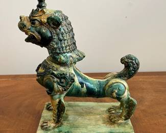 C39 - $75. Foo Dog Designed & Modeled by Seven Moons Studios. 1950. Measures 10" x 5.5" x 13" tall. One corner had chipped off and has been re-glued. 