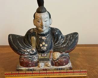 C44 - $150. Polychrome Japanese Hollow Porcelain Statue. Measures 12" wide x 11.5" tall. 
