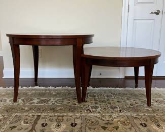 C66 - $425. PAIR of Sherrill Occasional Tables from Furnitureland South. Both are 36" round. Tall one is 26" tall. Shorter is 19" tall. The taller one has some sun fading on the top. (Retail $994 & $825)