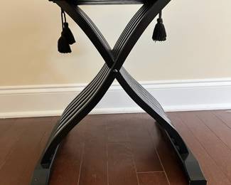 C6 - $175. Savonarola Folding Chair. Measures 24" wide x 19" deep x 32.5" tall. (Leopard Cushion is removable) Nice lacquered black finish. 