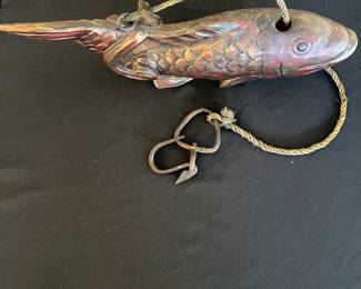 C71 - $100. Vintage Jizai Kagi Japanese Wooden Koin Fish with Hook. Measures 18" long x 6.75" wide. 