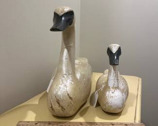 C96 - $275 PAIR of Decorative Swan Decoys. Wooden - Unsigned. Largest is 19.75" long x 11.5" tall. Smaller is 12.25" long x 7.75" tall. 