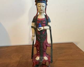 C31 - $75. Carved wooden figure  - polychrome finish. Has significant repair at the neck and base.  Measures 6.5" wide x 4.5" x 19.5" tall. 