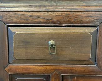 C16 - $225. Asian Antique Cabinet. Solid wood - very light to move. Has 5 Drawers - 1 Middle Cabinet with 2 doors. Measures 38.25" x 17.5" deep x 35.5" tall. Versatile piece for TV or storage!