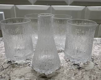 C89 - $75. Set of 5 Pcs. Littala Ultima Thule Footed 5" glasses & 6" carafe. Excellent condition. 