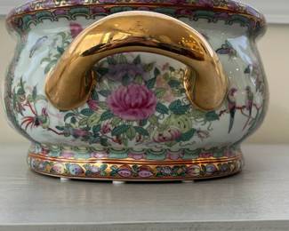 C50 - $250. Chinese Famille Rose Porcelain Large Fish Bowl. Measures 18" x 10.5" x 6" tall. HEAVY. Gold Painted Handles. No issues noted. 