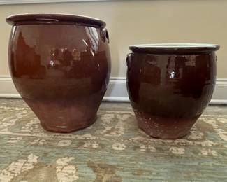 C70 - English Pottery - Redware Bread Crocks. $225 Tallest 15" wide x 15" tall. $175 smaller 12" x 12".  Larger has crazing on the inside. Both have hairline cracks that start at the top and go down a couple inches. 