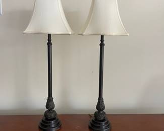 C94 - $60 PAIR of Heavy Table Lamps. Heavy metal base - shades are in great condition. Measures 34" tall. 