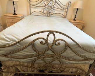 C11 - $1250. Queen Iron Bed Frame. Old Biscayne Designs "Florence". Signed "Gabrielli 08". Headboard is 62" tall. Footboard is 38" tall. Like NEW Original Mattress Factory Mattress (Orthopedic) & Box Spring. They have always been covered. 