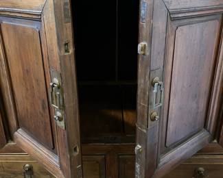 C16 - $225. Asian Antique Cabinet. Solid wood - very light to move. Has 5 Drawers - 1 Middle Cabinet with 2 doors. Measures 38.25" x 17.5" deep x 35.5" tall. Versatile piece for TV or storage!