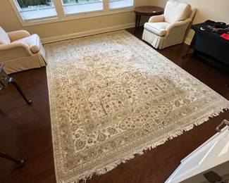 C48 - $4,000. Area Rug from Fargo Hanna. (Originally purchased for $13,000!)  At least 200 knots per inch. Measures 9' x 12.5'. It does have some sun fading and pilling in one area. Super high quality - Come and make an offer!