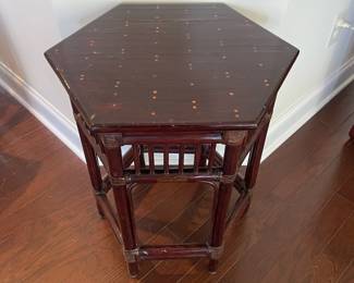 C93 - $150. Hexagon Palm Beach Regency Side Table. Casablanca Collection - Murata Godo Inc. Tokyo. Measures 18" x 21" across x 23" tall. 