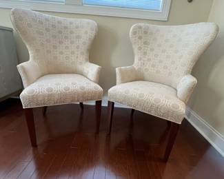 C73 - $1,250 PAIR of Custom Upholstered Hostess Chairs. Custom Fabric "1918 Garbo". Measures 29" x 29" deep x 42" tall. Floor to seat is 19". (Retail was $3,143 on the pair.) EXCELLENT condition. 