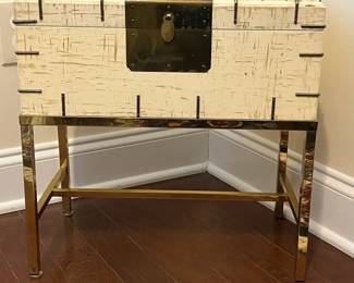 C15 - $175. Ivory Colored Lacquered Finish Chest on H Frame Brass Frame. Measures 18" wide x 10" deep x 18" tall. (Does NOT come off stand.) I believe this is Baker Furniture based on google results but the tag is missing. VERY sturdy piece. 