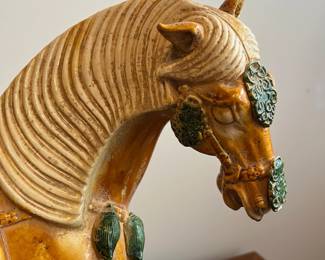 C41 - $200. T'ang Sancai Porcelain Horse.  Measures 20" long x 19.5" tall + base. 