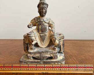 C36 - $75. Carved Wooden Statue. Measures 6" wide x 5" deep x 9" tall. Beautifully carved. Chip on the back of the robe. 