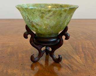 C21 - $25. Vintage Green Chinese Jade Bowl Measures 4" wide x 2" tall (without stand) 4" tall with stand. Has 1 minor crack that is about 1" long - hard to notice but it is there. 