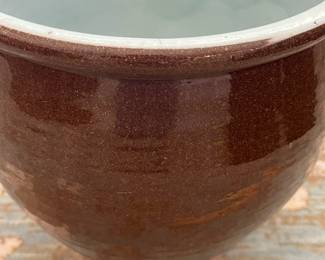 C70 - English Pottery - Redware Bread Crocks. $225 Tallest 15" wide x 15" tall. $175 smaller 12" x 12".  Larger has crazing on the inside. Both have hairline cracks that start at the top and go down a couple inches. 