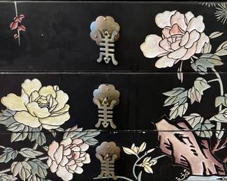 C35 - $125. Black Lacquered Chest on Stand. Cranes on the top and floral pattern around. Measures 16" wide x 11" deep x 23" tall. 3 drawers slide easily. No issues noted. 