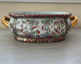C50 - $250. Chinese Famille Rose Porcelain Large Fish Bowl. Measures 18" x 10.5" x 6" tall. HEAVY. Gold Painted Handles. No issues noted. 