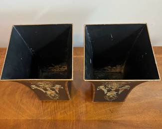 C83 - $125. PAIR Painted Cachepots. Top is 7" square x 11" tall. Painted metal. Beautiful vintage pieces. 