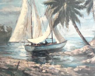 C101 - $25. Sailboat Print. Measures 33" x 27".  Has been used on a covered porch and one side of the frame has some weathering. 