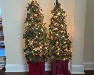 C114 - $45 PAIR of Topiary Trees. Measures 9.5" square at base x 45" tall / 50" tall. 
