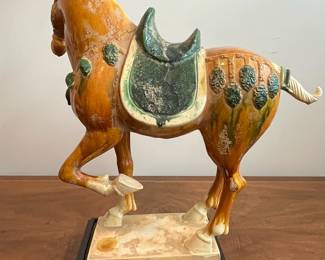 C41 - $200. T'ang Sancai Porcelain Horse.  Measures 20" long x 19.5" tall + base. 