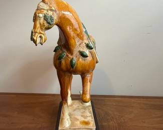 C41 - $200. T'ang Sancai Porcelain Horse.  Measures 20" long x 19.5" tall + base. 