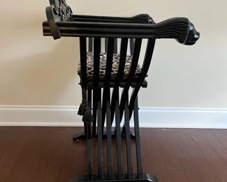 C6 - $175. Savonarola Folding Chair. Measures 24" wide x 19" deep x 32.5" tall. (Leopard Cushion is removable) Nice lacquered black finish. 