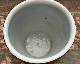C70 - English Pottery - Redware Bread Crocks. $225 Tallest 15" wide x 15" tall. $175 smaller 12" x 12".  Larger has crazing on the inside. Both have hairline cracks that start at the top and go down a couple inches. 